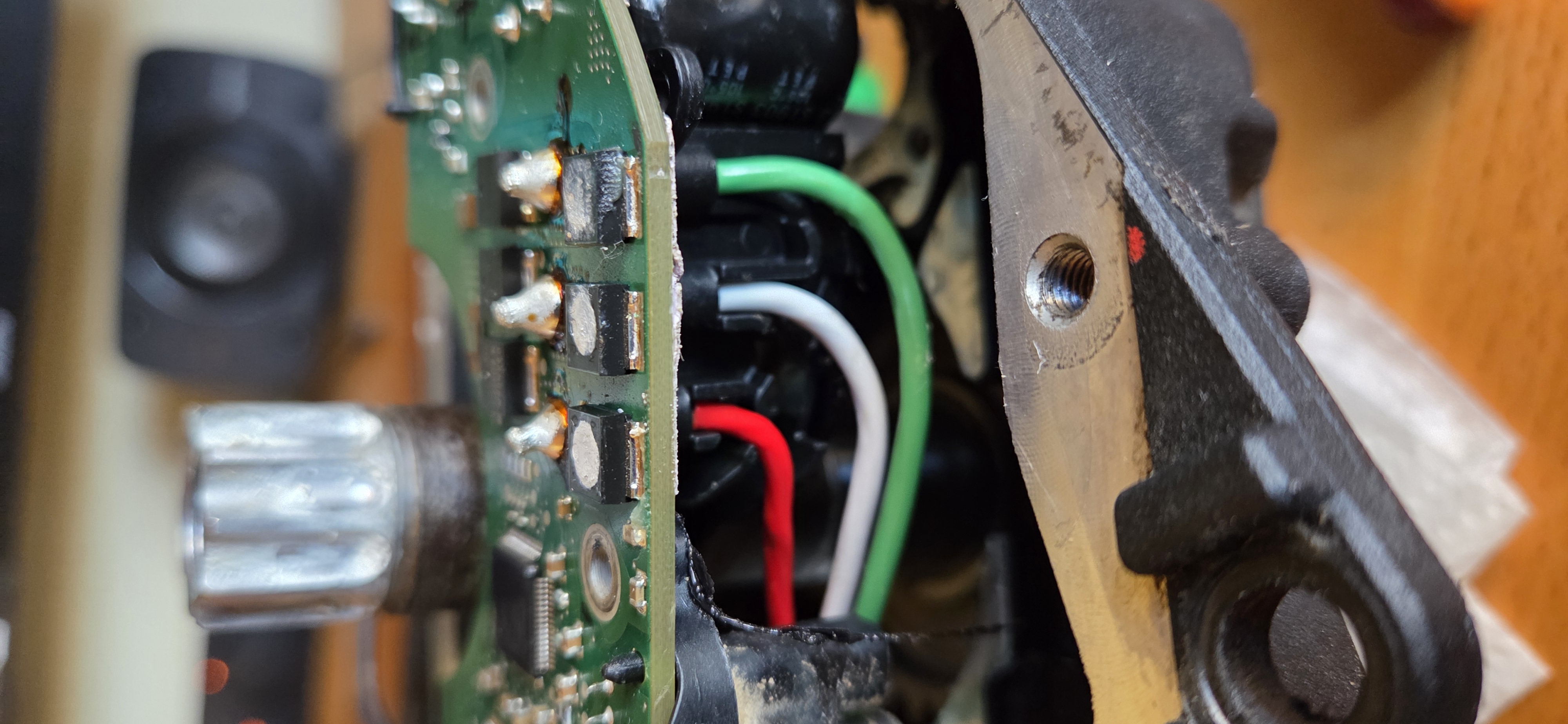 Motor wires soldered to the PCB