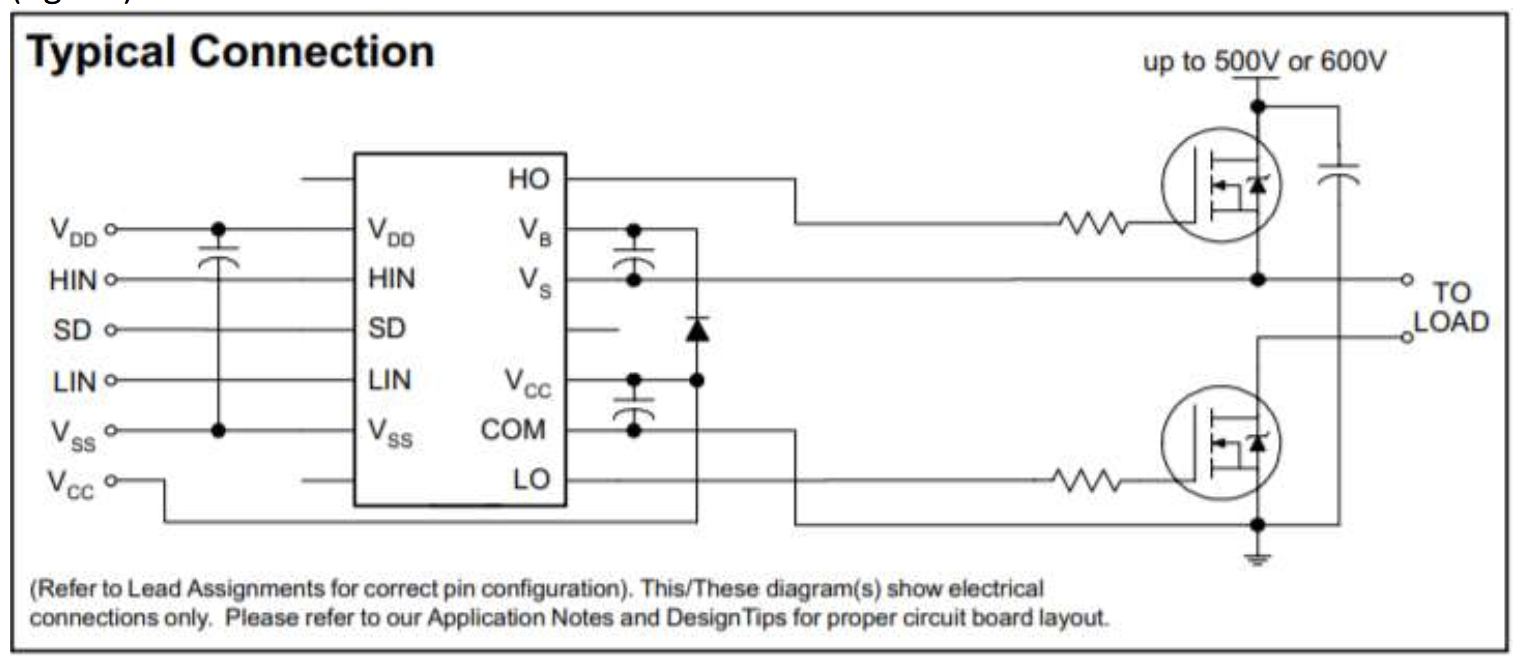 Typical connection diagram for the IR2113 half-bridge driver