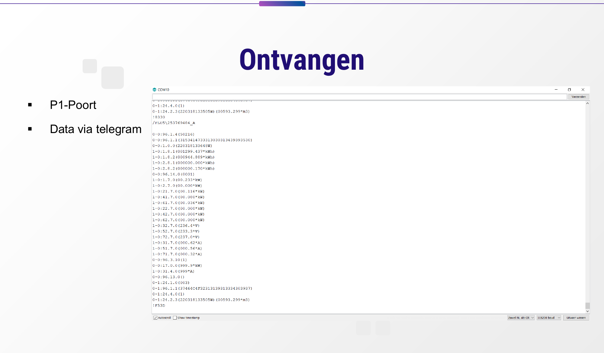 Raw telegram data captured from the meter P1 port