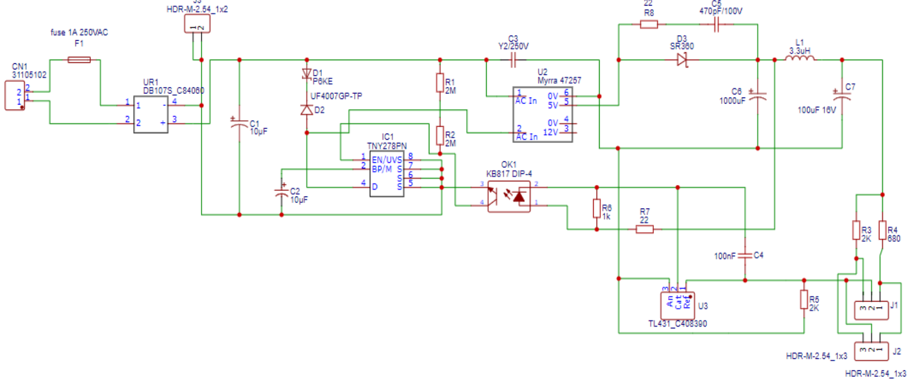 Schematic of the flyback power supply for the smart plug
