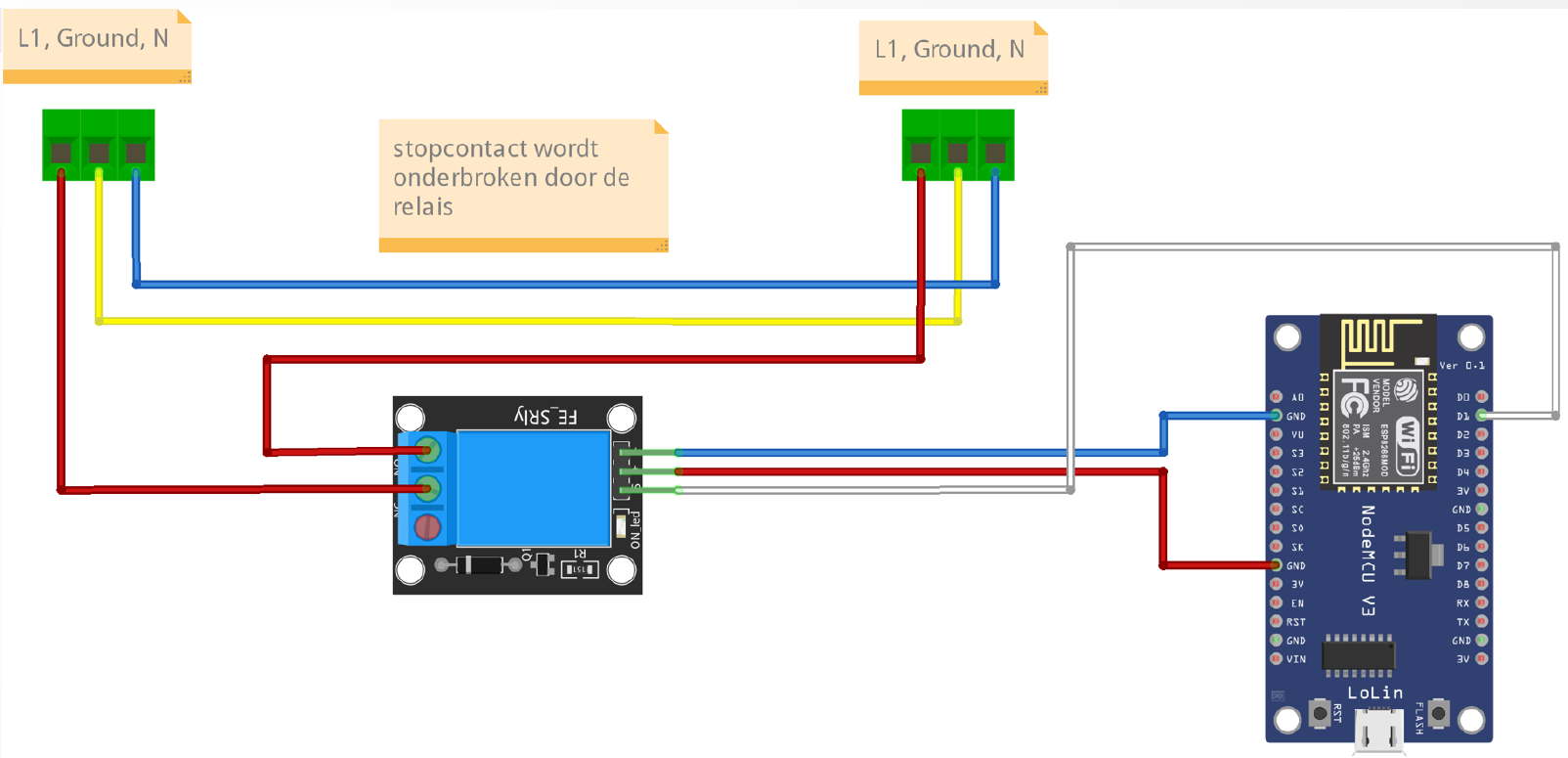 Wiring diagram of the smart plug: relay, NodeMCU and mains connectors
