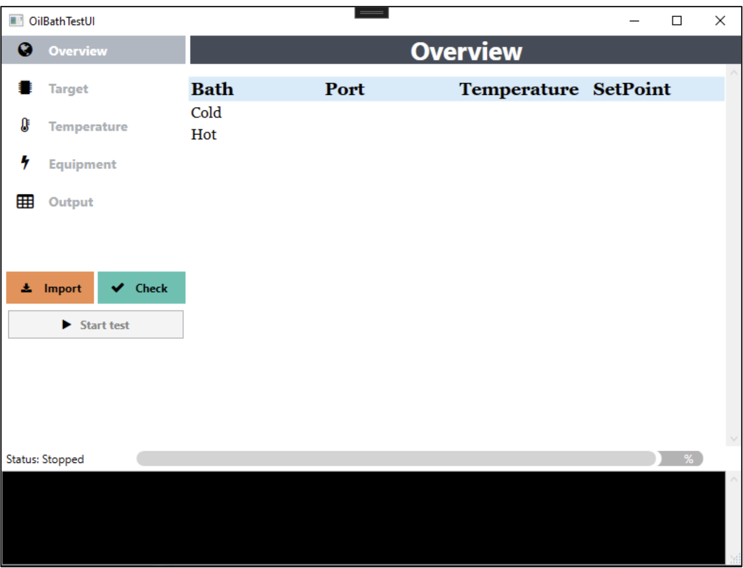 The UI in action with controls for importing and testing