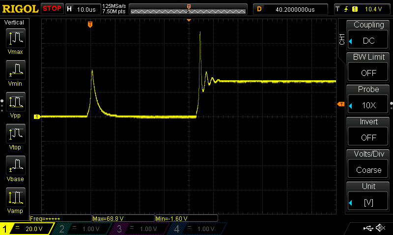 Oscilloscope capture of a supply voltage spike above 65V due to switching currents and wire inductances